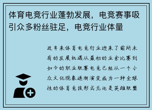体育电竞行业蓬勃发展，电竞赛事吸引众多粉丝驻足，电竞行业体量